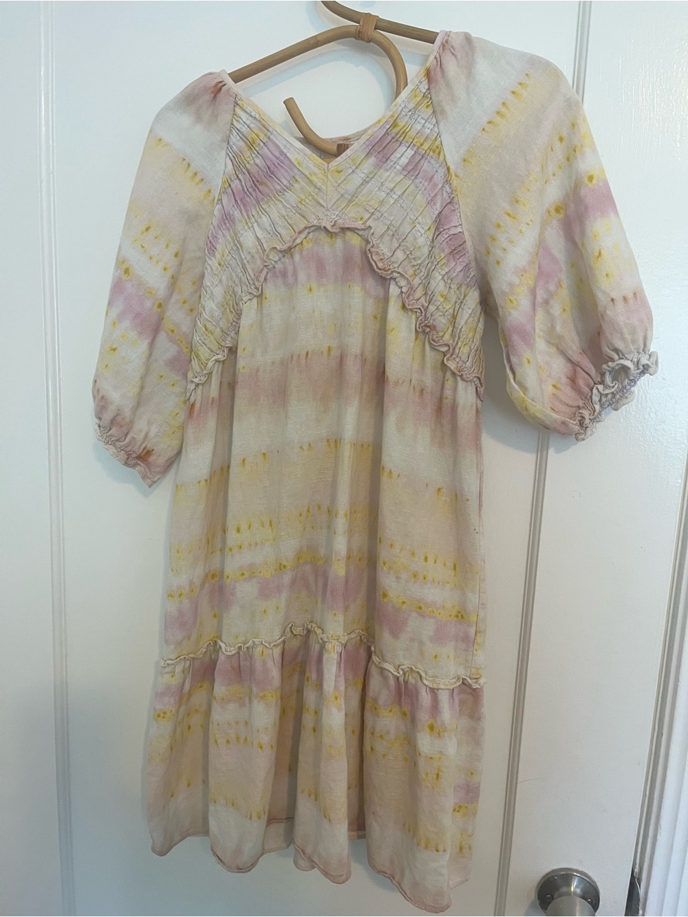 Zara Pink & Yellow Ice Tie-Dye Ruffled Puff-Sleeve Dress